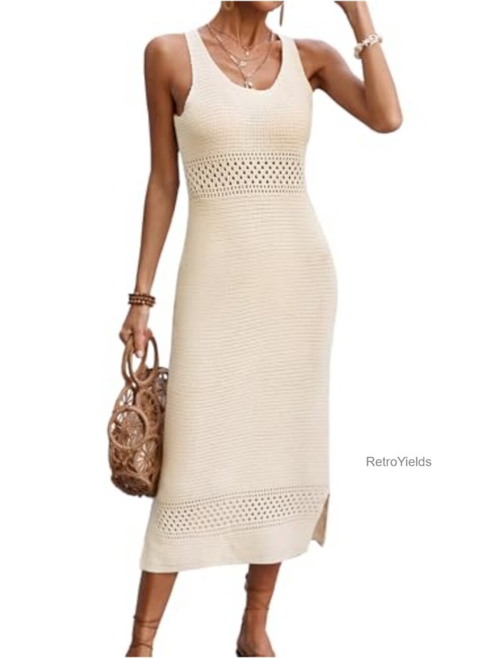 Womens Crochet Swimsuit Cover Up Midi Dress U Neck Sleeveless Mesh Knit Beach